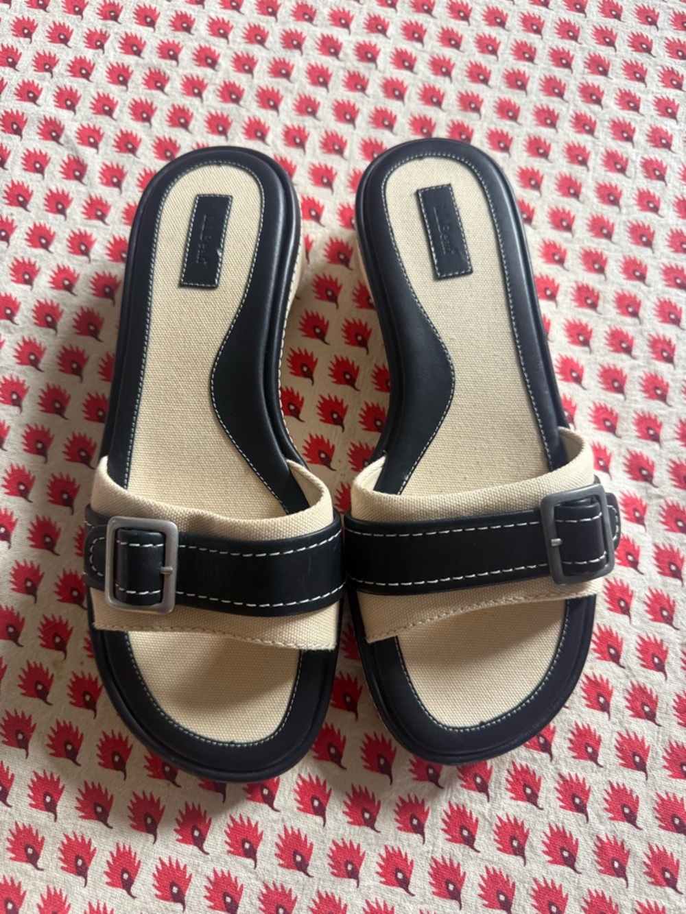 Never worn L.L. Bean Beige and Black Buckle Slide Mules